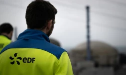 Des employés d'EDF en face d'une coupole de la centrale nucléaire de Flamanville dans la Manche, le 25 avril 2024
