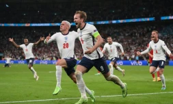 Le capitaine anglais Harry Kane après son but contre le Danemark en demi-finale de l'Euro le 7 juillet 2021 à Wembley