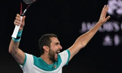 Le Croate Marin Cilic exulte aprĂšs sa victoire face au Britannique Kyle Edmund en demi-finales de l'Open d'Australie, le 25 janvier 2018 Ă Melbourne