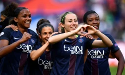 Les joueuses du PSG victorieuses du FC Barcelone avec notamment un but de Sabrina Delannoy, le 29 avril 2017 au Parc des Princes