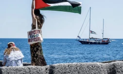 Départ du Madleen pour Gaza, le 01 juin 2025 à Catane, Italie. L'activiste suédoise Greta Thunberg fait partie des personnes qui tenteront de se rendre à Gaza à bord d'un bateau organisé par la Coalition de la flottille de la liberté (FFC), dans le but de briser le blocus israélien du territoire palestinien. 