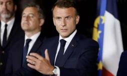 Le président de la République Emmanuel Macron prononce un discours au haut-commissariat de Nouvelle-Caldéonie, à Nouméa, le 23 mai 2024 ( POOL / Ludovic MARIN )