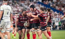 Les Toulousains lors de la finale du Top 14 contre Montpellier, le 27 juin 2026 au Stade de France. (NATHAN BARANGE / AFP)