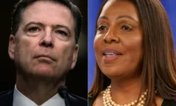 Combinaison de photos créée le 24 novembre 2025 montrant (à gauche) l'ancien directeur du FBI, le 8 juin 2017 au Capitole, à Washington, et (à droite) la procureure générale de l'Etat de New York, Letitia James, à New York le 16 février 2024 ( AFP / Brendan Smialowski )