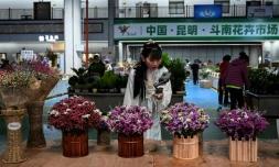 Une influenceuse propose en direct via son smartphone des bouquets aux internautes depuis le marché aux fleurs de Dounan à Kunming, en Chine, le 22 octobre 2021