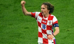 La joie du milieu de terrain croate Luka Modric, après la victoire face à l'Ecosse (3-1), lors de la 3e journée du groupe D à l'Euro 2020, le 22 juin 2021 au stade de Wembley à Glasgow 