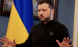 Le président ukrainien Volodymyr Zelensky s'exprime lors d'une conférence de presse le 19 février 2025 à Kiev ( POOL / Tetiana DZHAFAROVA )