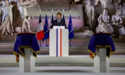 Le président Emmanuel Macron prononce un discours lors de la cérémonie d'entrée au Panthéon de l'historien et résistant Marc Bloch et de son épouse Simonne Bloch, le 23 juin 2026 à Paris ( POOL / Alice Sacco )