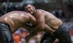 Le lutteur Hamza Ăzkaradeniz (d) affronte un concurrent lors du championnat annuel Kirkpinar Ă Edirne, dans le nord-ouest de la Turquie, le 6 juillet 2024