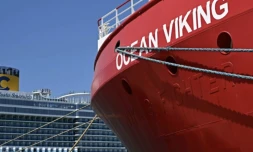L'Ocean Viking, navire ambulance affrété par SOS Méditerranée, amarré au port de Civitacecchia, en Italie, le 14 juillet 2023 ( AFP / Andreas SOLARO )