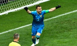 Le gardien russe Igor Akinfeev fou de joie après la qualification en quarts de finale le 1er juillet 2018