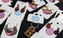 Des boucles d'oreille et porte-clés fabriqués par les artisans de la coopérative Piel Marina, avec des peaux de poisson, à Puntarenas, au Costa Rica, le 19 septembre 2024 ( AFP / Ezequiel BECERRA )