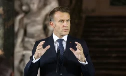 Le prĂ©sident Emmanuel Macron lors d'une confĂ©rence de presse avec le chancelier allemand Friedrich Merz Ă BrĂŒhl, le 17 juillet 2026 en Allemagne ( AFP / Ludovic MARIN )
