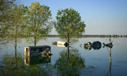 Des machines agricoles immergées dans l'eau après la renaturation près du village de Mahmudia, dans le sud-est de la Roumanie, le 9 juillet 2024 ( AFP / Daniel MIHAILESCU )