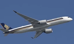Un avion de la compagnie Singapore Airlines, le 20 février 2024 à Singapour. (ROSLAN RAHMAN / AFP)