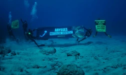  Saint-Pierrre : des militants écologistes brandissent des banderoles à 12 mètres de profondeur