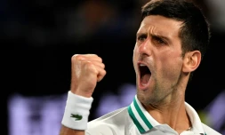 Le Serbe Novak Djokovic lors de sa victoire en finale de l'Open d'Australie, face au Russe Daniil Medvedev, à Melbourne le 21 février 2021