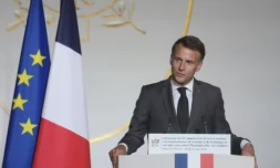Le président Emmanuel Macron lors d'une cérémonie à l'Elysée marquant le 25e anniversaire de la loi reconnaissant la traite négrière et l'esclavage comme des crimes contre l'humanité, le 21 mai 2026 à Paris ( POOL / Thibault Camus )
