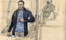 Croquis d'audience de Salah Abdeslam lors du procĂšs des attentats de Paris et de Saint-Denis du 13 novembre 2015, Ă Paris le 13 avril 2022