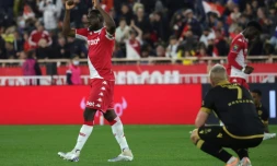 La joie du défenseur monégasque Youssouf Fofana, aprÚs la victoire à domicile, 1-0 face à Nice, lors de la 33e journée de la Ligue 1, le 20 avril 2022 au Stade Louis II