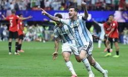 L'attaquant argentin Lionel Messi aprÚs avoir marqué le but de l'égalisation lors du 8e de finale de Coupe du Monde contre l'Egypte, le 7 juillet 2026 à Atlanta © Thomas COEX / AFP