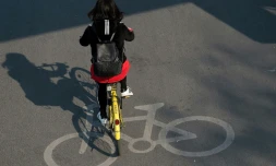 Une femme sur un vélo partagé à Pékin le 28 mars 2017