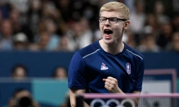 Le pongiste français Félix Lebrun le 4 août 2024 aux JO de Paris, à l'Arena Paris Sud