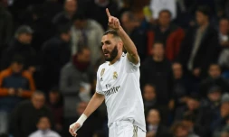L'attaquant français du Real Madrid Karim Benzema, après un but contre Galatasaray, le 6 novembre 2019 à Bernabeu