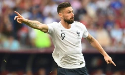 L'attaquant français Olivier Giroud pendant le match face au Danemark au stade Luzhniki à Moscou le 26 juin 2018