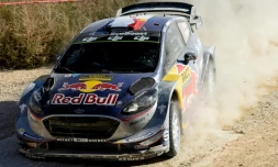 Le Français Sébastien Ogier au volant de sa Ford Fiesta lors du Rallye de Catalogne, le 6 octobre 2017 à Vilalba dels Arcs