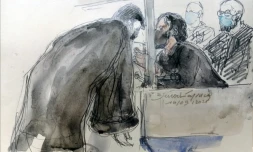 Croquis d'audience réalisé le 14 septembre montrant Salah Abdeslam avec un avocat, au procès des attentats du 13 novembre 2015 à Paris