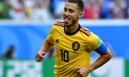 L'attaquant et capitaine de la Belgique Eden Hazard inscrit le second but de son équipe contre l'Angleterre dans le match pour la 3e place du Mondial, le 14 juillet 2018 à Saint-Pétersbourg