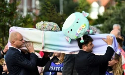 Les funérailles d'Elsie Dot Stancombe, petite fille de sept ans tuée lors de l'attaque au couteau de Southport, le 23 août 2024 à Birkdale, dans le nord-ouest de l'Angleterre