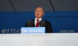 Le président russe Vladimir Poutine fait un discours à Moscou alors du Mondial le 14 juin 2018