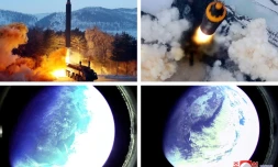 Combinaison de quatre photos prise le 30 janvier 2022 montrant, selon l'agence nord-coréenne KCNA, le tir d'un missile Hwasong-12 et la vue depuis ce missile