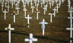 Mille croix plantées devant le CongrÚs brésilien lors d'une manifestation contre le président Jair Bolsonaro et en hommage aux victimes du coronavirus, le 28 juin 2020