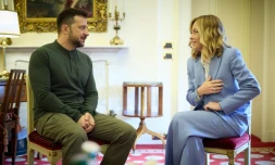 Le président ukrainien Volodymyr Zelensky et la Première ministre italienne Giorgia Meloni lors d'une rencontre en marge du forum économique The European House - Ambrosetti, le 7 septembre 2024 à Cernobbio, en Italie