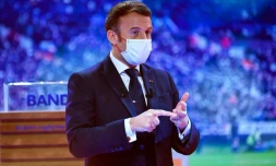 Le président français Emmanuel Macron lors du tirage au sort du Mondial de rugby 2023, le 14 décembre 2020 à Paris