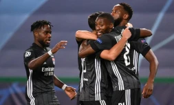 La joie des Lyonnais vainqueurs de Manchester City 3-1 en quart de finale de Ligue des champions, le 15 août 2020 à Lisbonne