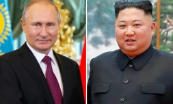 Montage photo de portraits du président russe Vladimir Poutine, le 3 avril 2019, et du leader nord-coréen Kim Jong Un, le 7 octobre 2018