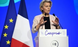 La présidente de la Commission européenne Ursula von der Leyen fait une déclaration, lors du "campus européen" de Renaissance, le 7 octobre 2023 à Bordeaux