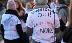 Des professeurs manifestent contre la réforme du bac, et notamment l'organisation des épreuves de contrôle continu, le 20 janvier 2020, au lycée René Cassin à Montfort-sur-Meu, dans l'Ouest