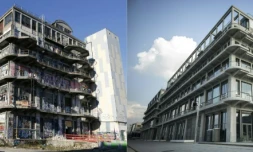Vue des anciens Magasins généraux de Pantin, le 16 décembre 2013 (G) avant leur reconversion et le 20 octobre 2016 après l'installation de l'agence de publicité BETC