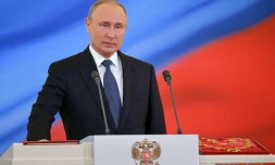 Vladimir Poutine prĂȘte serment au Kremlin pour un quatriĂšme mandat Ă la tĂȘte de la Russie, le 7 mai 2018