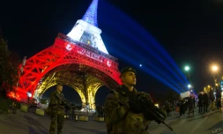 Des soldats au pied de la Tour Eiffel dans le cadre du plan Vigipirate le 18 novembre 2015 à Paris