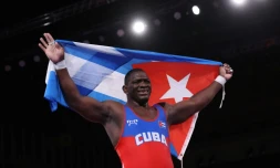 Le Cubain Mijain Lopez Nunez après sa victoire en lutte gréco-romaine le 2 août 2021 à Tokyo