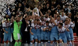 La joie des joueurs de la Lazio, vainqueurs de la Coupe d'Italie, face Ă l'Atalanta, le 15 mai 2019 Ă Rome