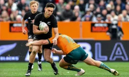 Le Néo-Zélandais Shaun Stevenson (g) lors de sa première sélection, face à l'Australie, le 5 août 2023 à Dunedin