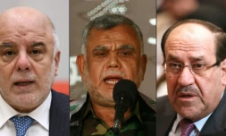 De g. à d., le Premier ministre sortant irakien Haider al-Abadi à Tokyo le 5 avril 2018, Hadi al-Ameri, dirigeant au sein du Hachd al-Chaabi, le 5 octobre 2015 à Najaf, et l'ancien Premier ministre Nouri al-Maliki à Bagdad le 8 septembre 2014