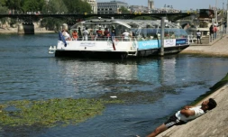 Un homme se rafraîchit sur une berge de la Seine, à Paris, alors qu'une vague de chaleur frappe la France, le 19 juin 2025